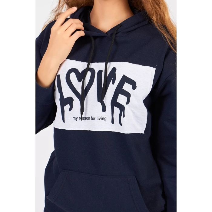 Bisiklet Yaka Owersıze Kapüşonlu Love Baskılı Sweatshirt -Lacivert