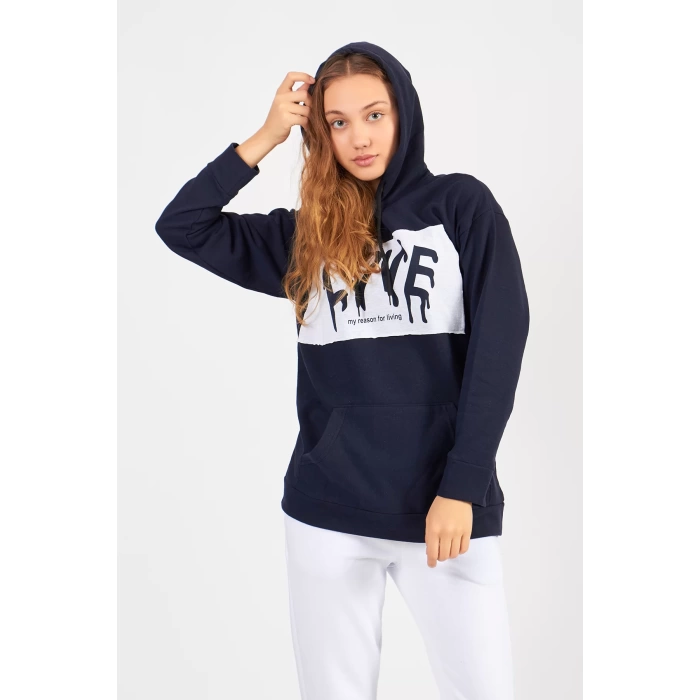 Bisiklet Yaka Owersıze Kapüşonlu Love Baskılı Sweatshirt -Lacivert
