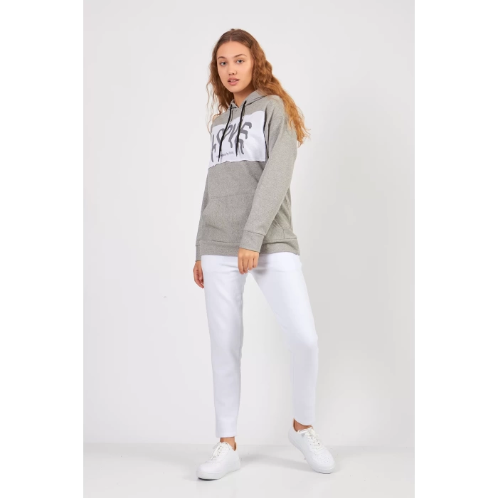 Bisiklet Yaka Owersıze Kapüşonlu Love Baskılı Sweatshirt -Gri