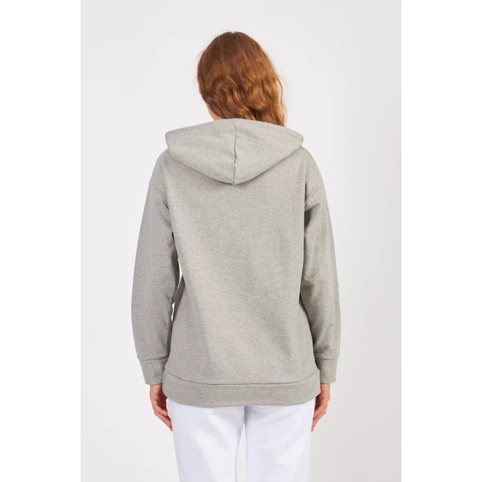 Bisiklet Yaka Owersıze Kapüşonlu Love Baskılı Sweatshirt -Gri