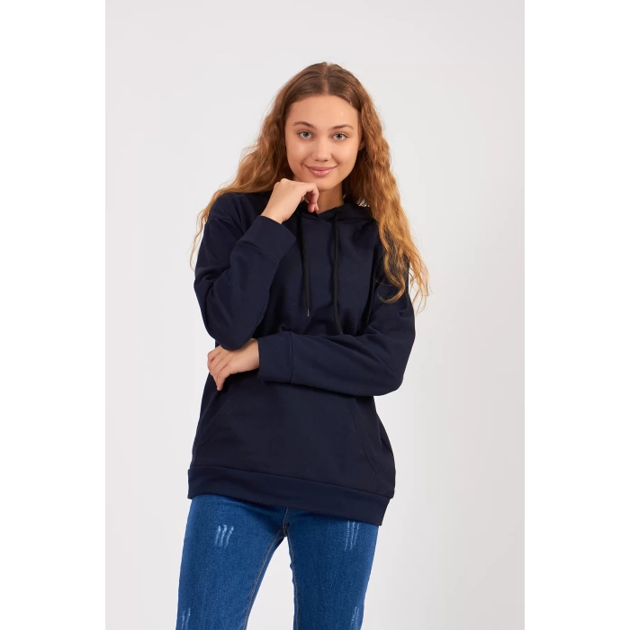 Bisiklet Yaka Owersıze Kapüşonlu Sweatshirt -Siyah