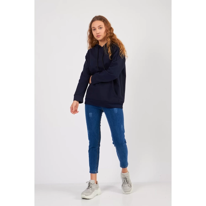 Bisiklet Yaka Owersıze Kapüşonlu Sweatshirt -Siyah