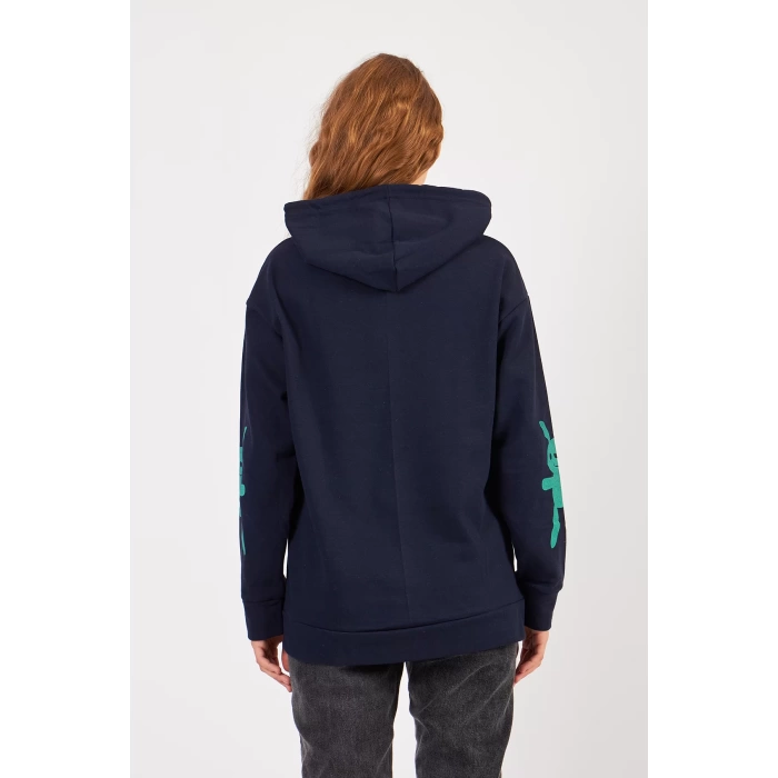 Bisiklet Yaka Owersıze Kapüşonlu Go Baskılı  Sweatshirt -Lacivert