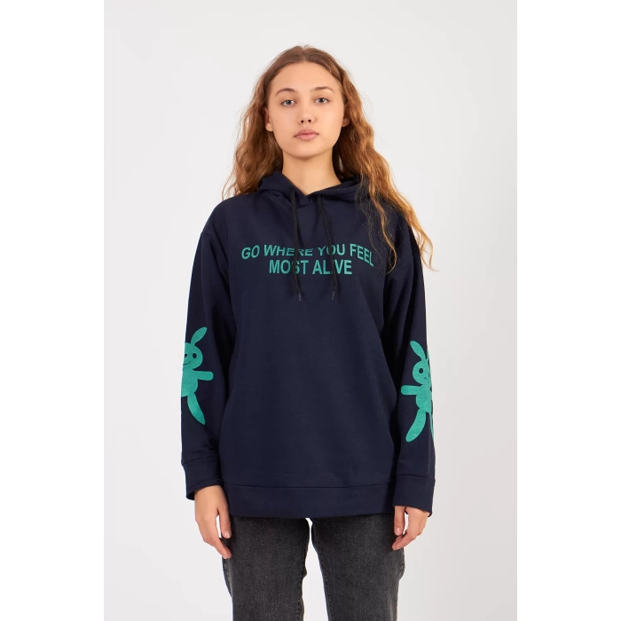 Bisiklet Yaka Owersıze Kapüşonlu Go Baskılı  Sweatshirt -Lacivert