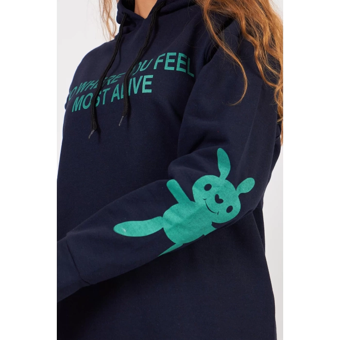 Bisiklet Yaka Owersıze Kapüşonlu Go Baskılı  Sweatshirt -Lacivert