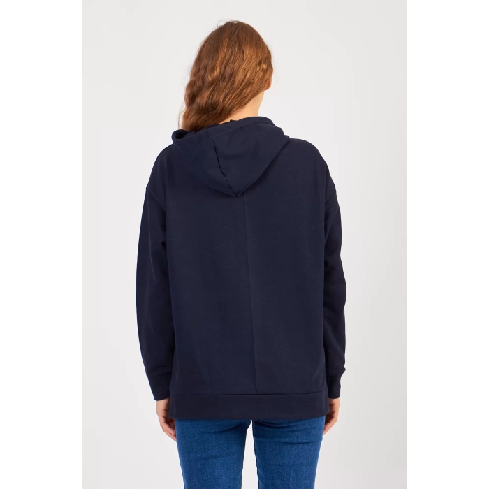 Bisiklet Yaka Owersıze Kapüşonlu Your Baskılı Sweatshirt -Lacivert