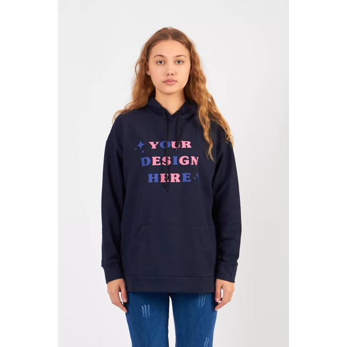 Bisiklet Yaka Owersıze Kapüşonlu Your Baskılı Sweatshirt -Lacivert