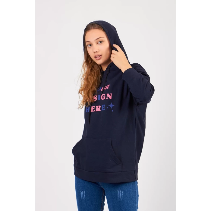 Bisiklet Yaka Owersıze Kapüşonlu Your Baskılı Sweatshirt -Lacivert