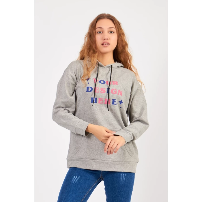 Bisiklet Yaka Owersıze Kapüşonlu Your Baskılı Sweatshirt -Gri