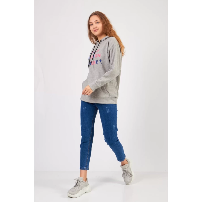 Bisiklet Yaka Owersıze Kapüşonlu Your Baskılı Sweatshirt -Gri