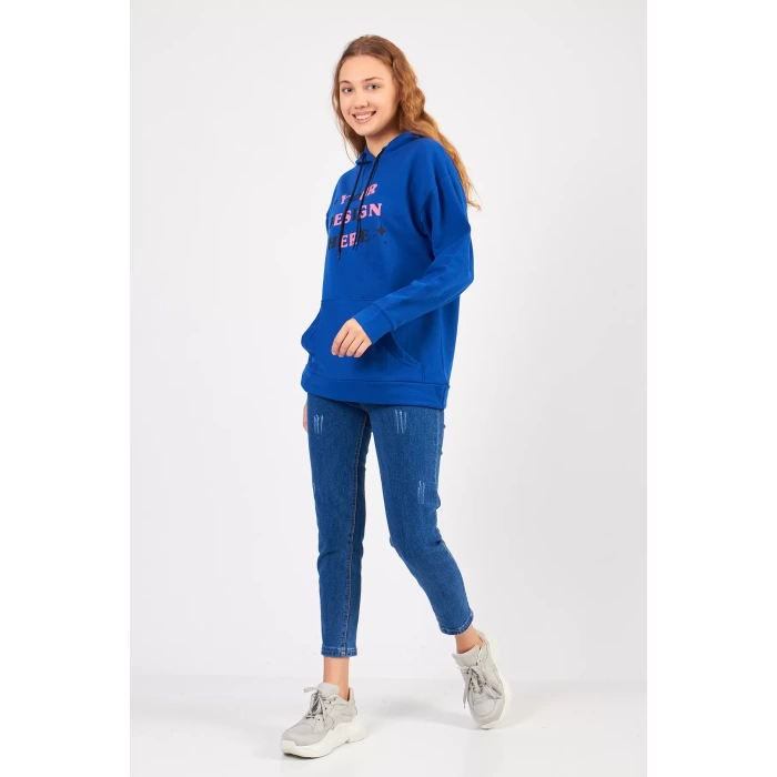 Bisiklet Yaka Owersıze Kapüşonlu Your Baskılı Sweatshirt -Mavi