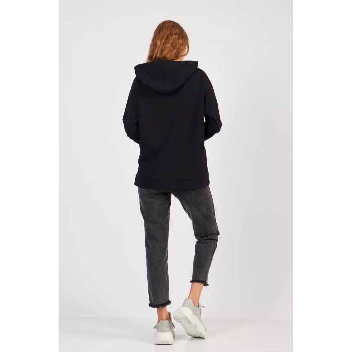 Bisiklet Yaka Owersıze Kapüşonlu Sweatshirt -Siyah