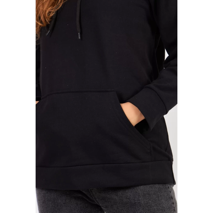 Bisiklet Yaka Owersıze Kapüşonlu Sweatshirt -Siyah