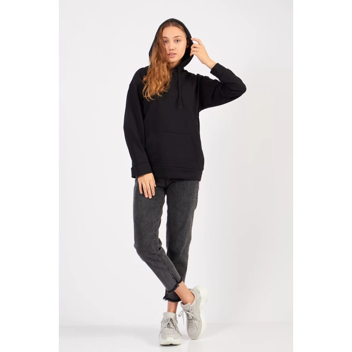 Bisiklet Yaka Owersıze Kapüşonlu Sweatshirt -Siyah