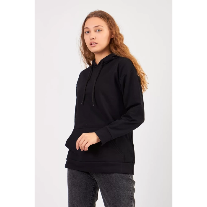 Bisiklet Yaka Owersıze Kapüşonlu Sweatshirt -Siyah