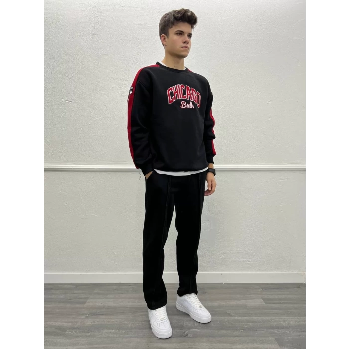 Chicago Baskılı İç Kısmı Şardonlu Oversize Sweatshirt - Siyah