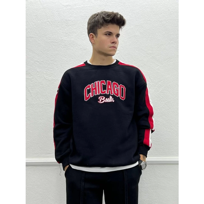 Chicago Baskılı İç Kısmı Şardonlu Oversize Sweatshirt - Siyah
