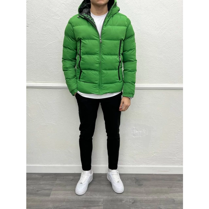 Dar Kesim Jel Dolgu Kapüşonlu Su Geçirmez Moncler Şişme Mont-Yeşil
