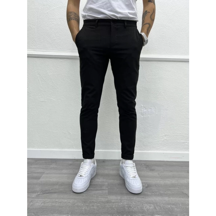 Erkek Dar Kesim Likralı Kumaş Pantolon - Siyah