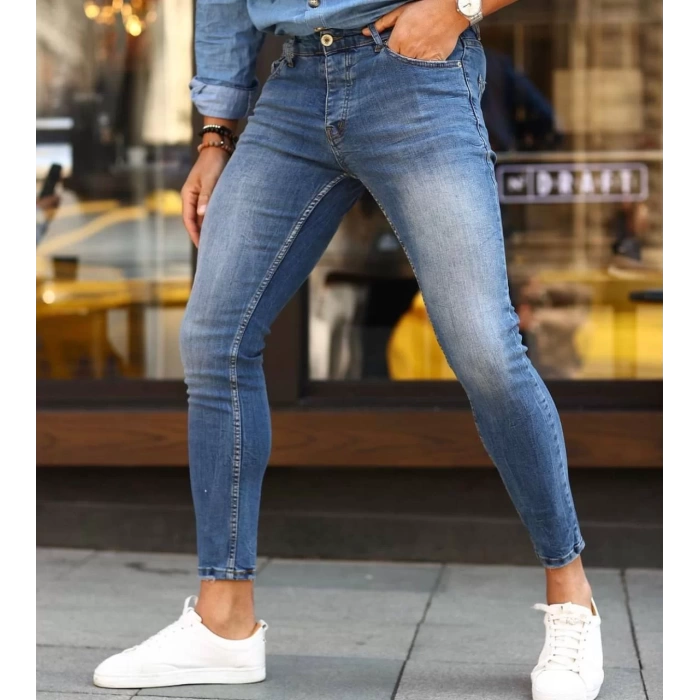 Erkek Dar Kesim Silim fit Likralı Kot Pantolon- Mavi