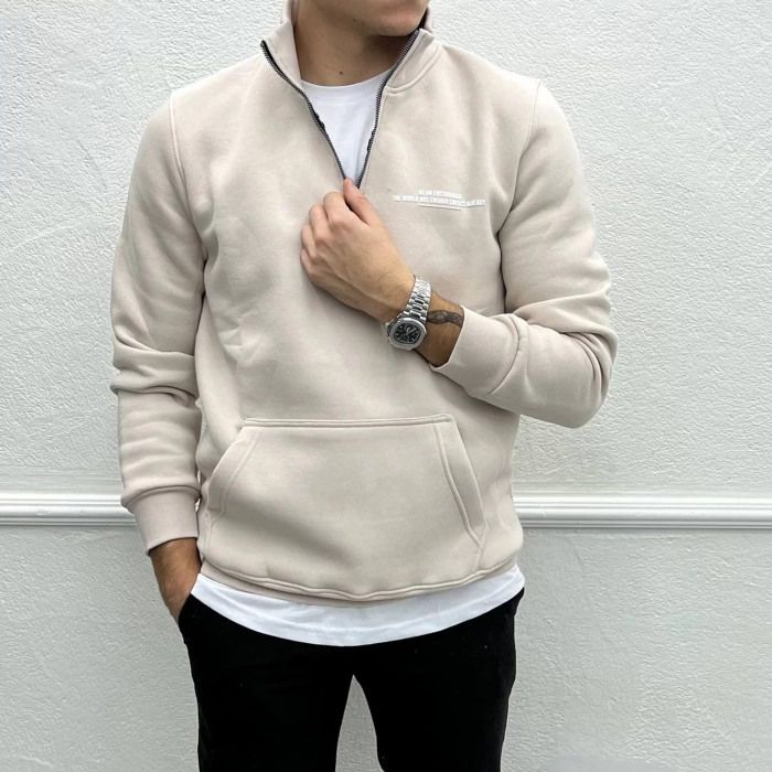 Erkek İçi Şardonlu Yakası Fermuarlı Sweatshirt - Taş Rengi