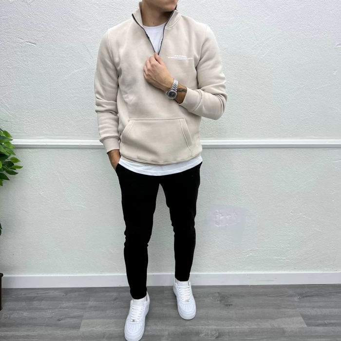 Erkek İçi Şardonlu Yakası Fermuarlı Sweatshirt - Taş Rengi