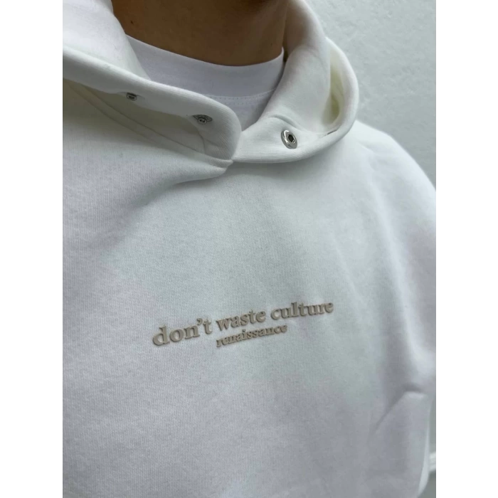 Erkek Oversize İçi Şardonlu Kapişonlu Sweatshirt - Beyaz