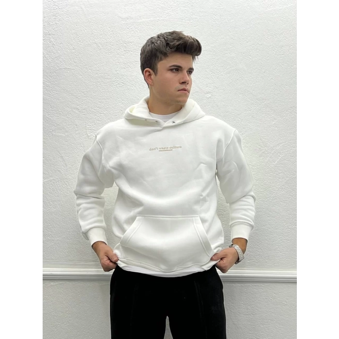 Erkek Oversize İçi Şardonlu Kapişonlu Sweatshirt - Beyaz