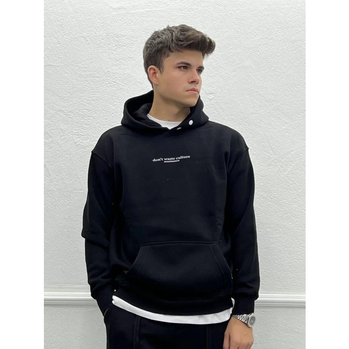 Erkek Oversize İçi Şardonlu Kapişonlu Sweatshirt - Siyah