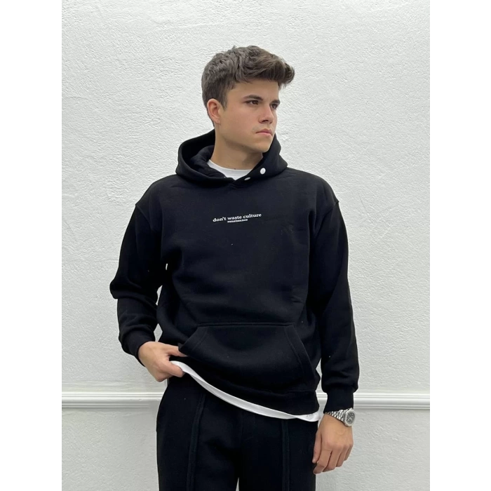 Erkek Oversize İçi Şardonlu Kapişonlu Sweatshirt - Siyah