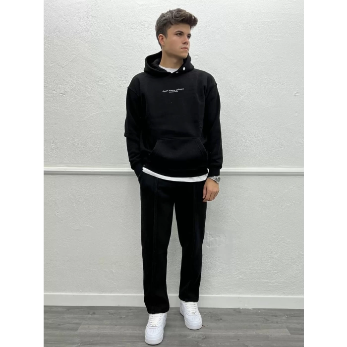 Erkek Oversize İçi Şardonlu Kapişonlu Sweatshirt - Siyah