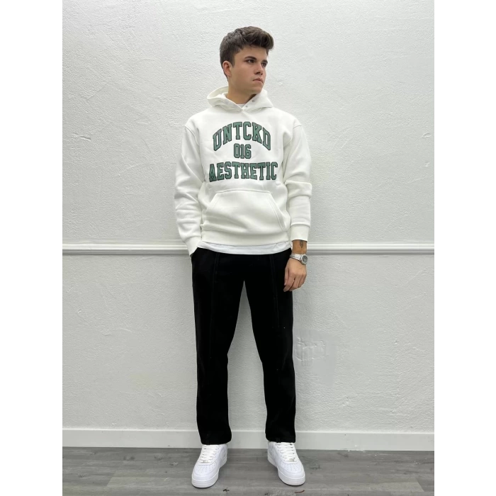 Erkek Oversize Önü Baskılı İçi Şardonlu Kapişonlu Sweatshirt - Beyaz