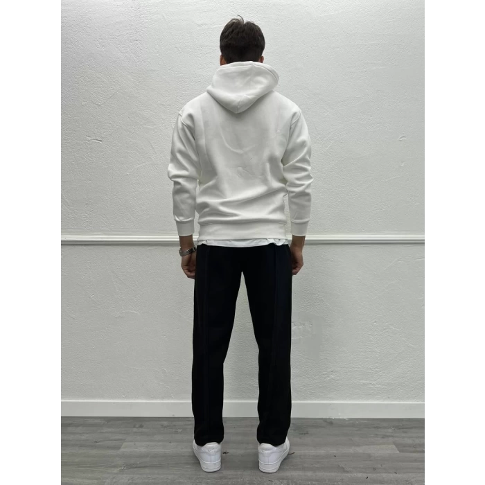 Erkek Oversize Önü Baskılı İçi Şardonlu Kapişonlu Sweatshirt - Beyaz