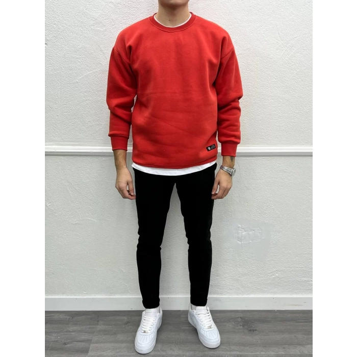 Erkek Owersize İçi Şardonlu Bisiklet Yaka Sweatshirt -Kırmızı