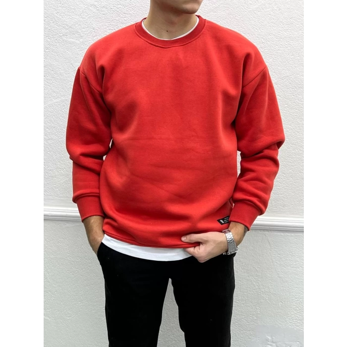 Erkek Owersize İçi Şardonlu Bisiklet Yaka Sweatshirt -Kırmızı