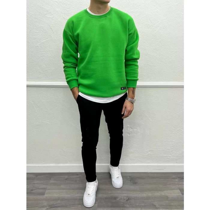 Erkek Owersize İçi Şardonlu Bisiklet Yaka Sweatshirt -Yeşil