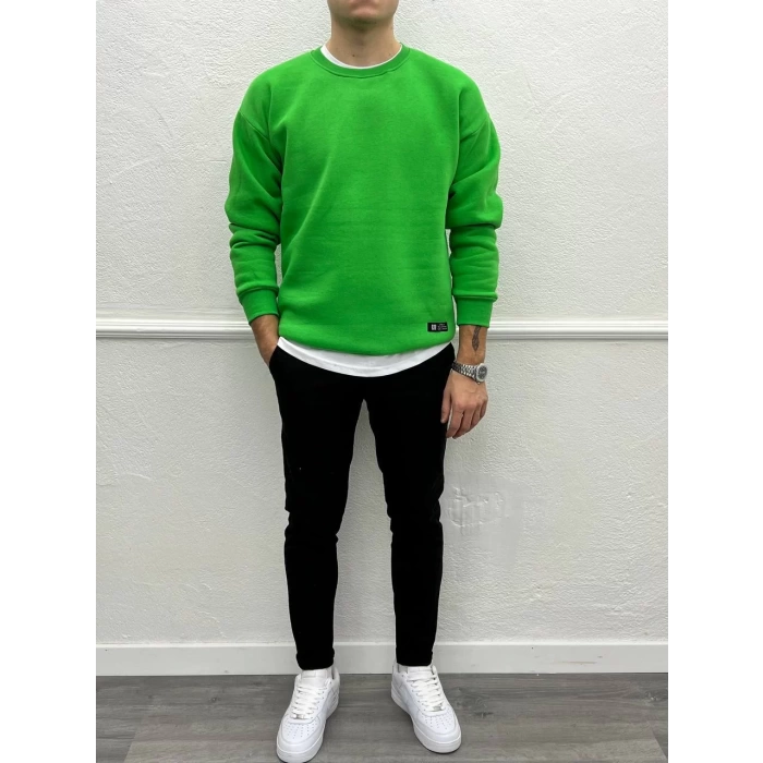Erkek Owersize İçi Şardonlu Bisiklet Yaka Sweatshirt -Yeşil