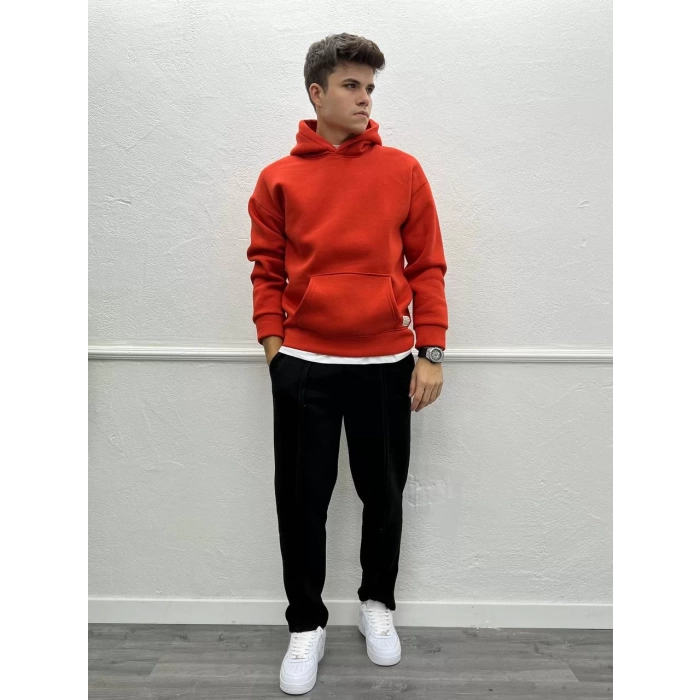 Erkek Owersize İçi Şardonlu Kapşonlu Sweatshirt -Turuncu