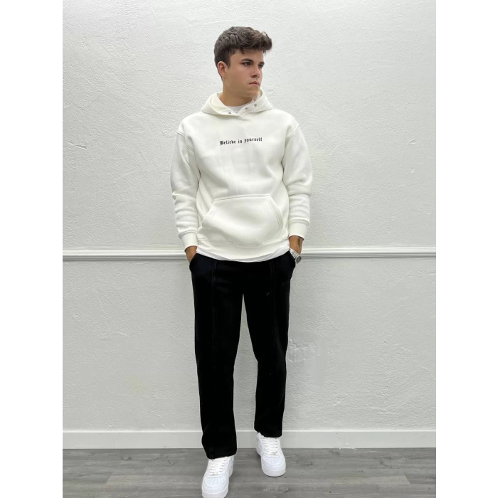 Erkek Owesize İçi Şardonlu Önü Baskılı Sweatshirt - Beyaz