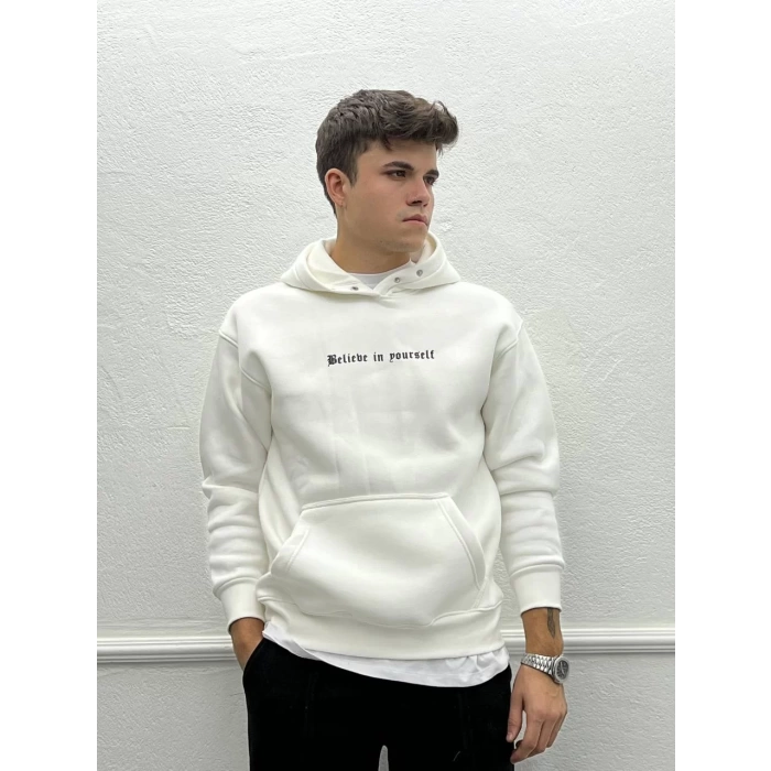 Erkek Owesize İçi Şardonlu Önü Baskılı Sweatshirt - Beyaz