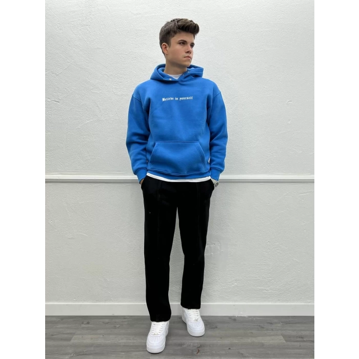 Erkek Owesize İçi Şardonlu Önü Baskılı Sweatshirt - Mavi