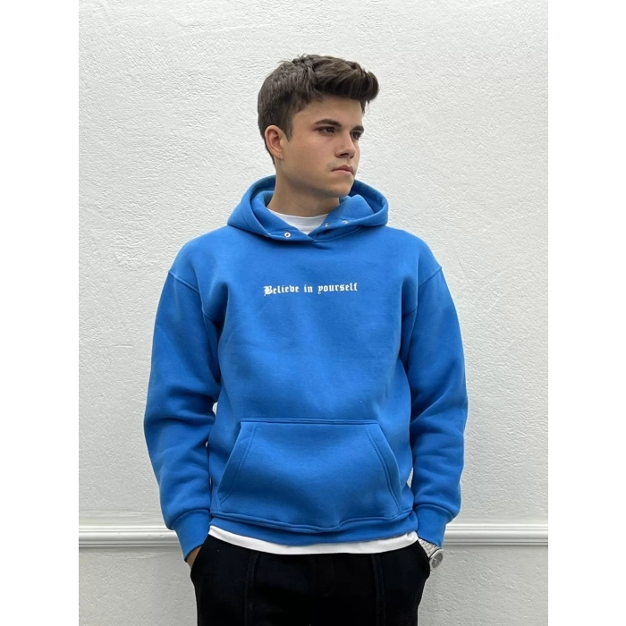Erkek Owesize İçi Şardonlu Önü Baskılı Sweatshirt - Mavi