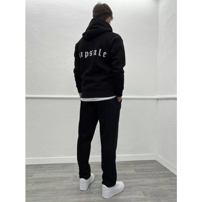 Erkek Owesize İçi Şardonlu Önü Baskılı Sweatshirt - Siyah