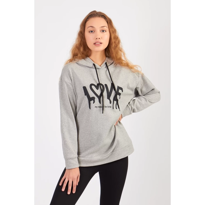 Kadın Bisiklet Yaka Lowe Baskılı Kapüşonlu Sweatshirt -Gri