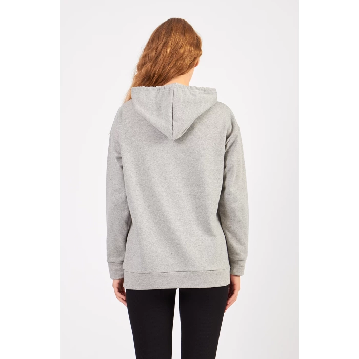 Kadın Bisiklet Yaka Lowe Baskılı Kapüşonlu Sweatshirt -Gri
