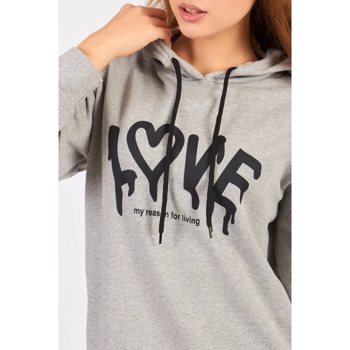 Kadın Bisiklet Yaka Lowe Baskılı Kapüşonlu Sweatshirt -Gri