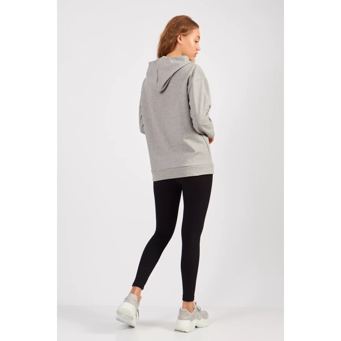 Kadın Bisiklet Yaka Lowe Baskılı Kapüşonlu Sweatshirt -Gri