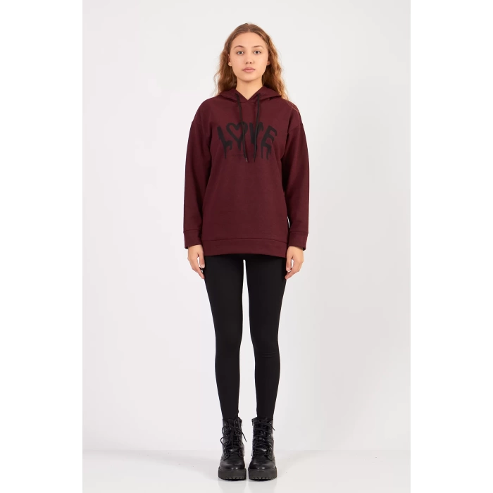 Bisiklet Yaka Owersıze Kapüşonlu Love Baskılı Sweatshirt -Kahverengi