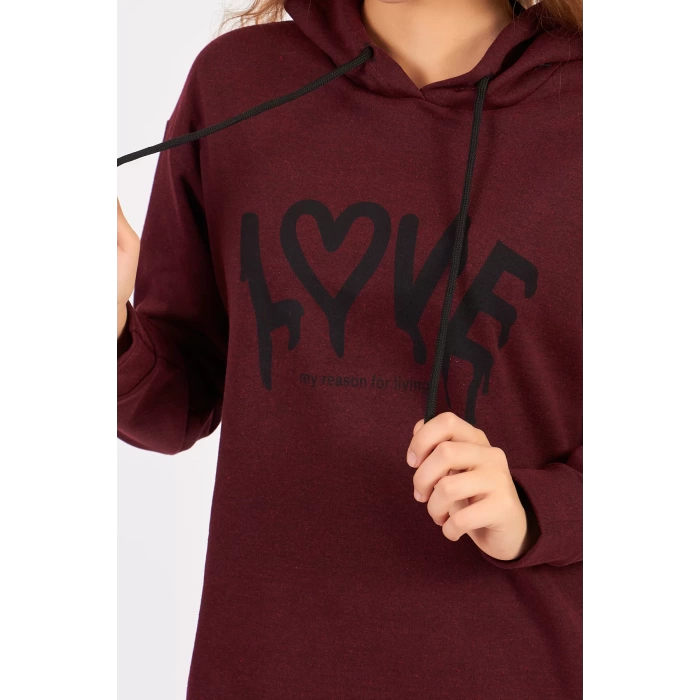 Bisiklet Yaka Owersıze Kapüşonlu Love Baskılı Sweatshirt -Kahverengi