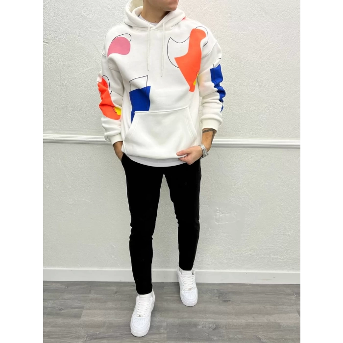 Kapüşonlu Renkli İç Kısmı Şardonlu Oversize Sweatshirt - Beyaz